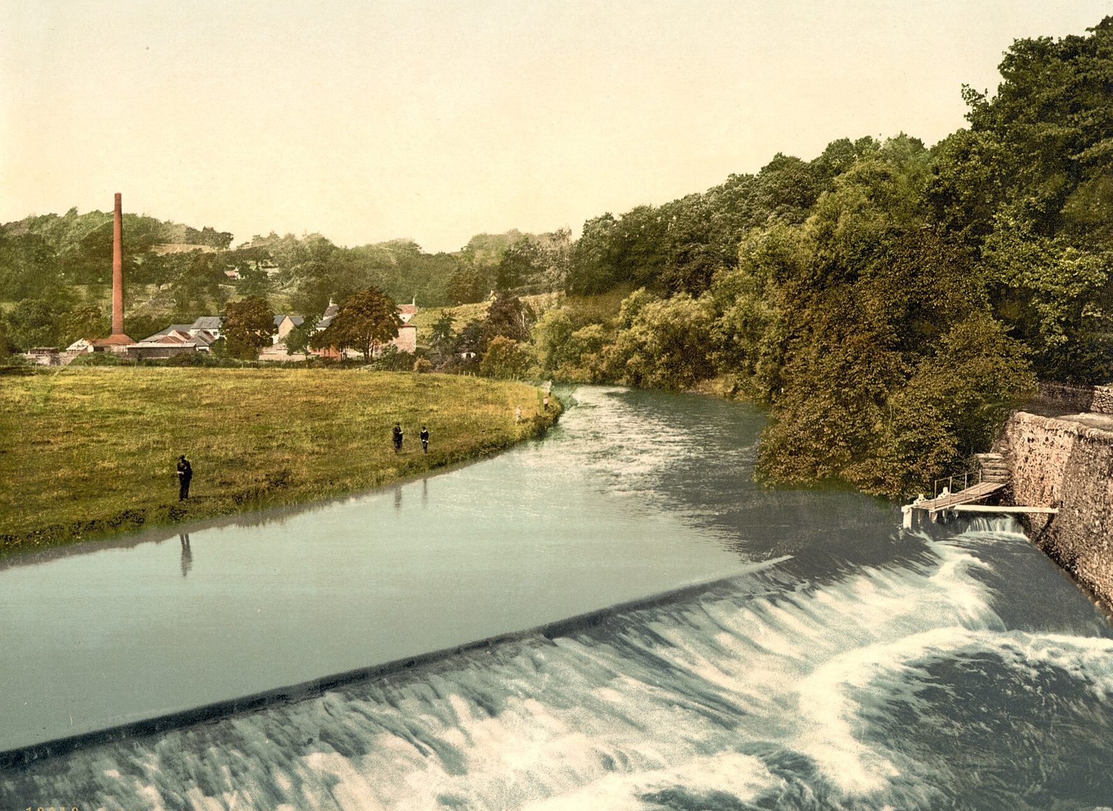 Historic Photochrom print of the weir on the Allan Water at Bridge of Allan